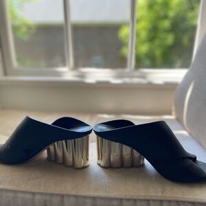 Salvatore Ferragamo Black and Silver Mules with Low Heel